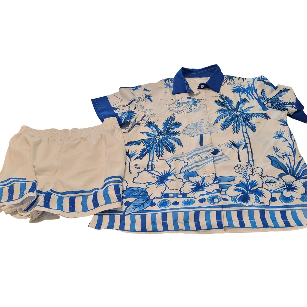 Unbranded Cabana Set Men XL Blue White Tropical Print Shirt Shorts Excellent